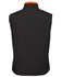 A black three-layer softshell vest with an orange collar, featuring a logo.