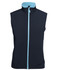 A navy three-layer softshell vest with a light blue collar and zip. Features a branded logo.