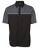 A black and grey short-sleeve button-up shirt with a pocket and a small logo.