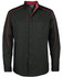 Black long-sleeve button-up shirt featuring red piping and two chest pockets. Includes a logo on the chest.