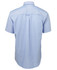 A light blue short-sleeve Oxford shirt with a back pleat and a logo on the label.