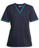A navy scrub top with contrasting teal trim and a pocket, featuring short sleeves and a V-neckline.