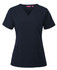 A navy blue scrub top with short sleeves, featuring a V-neck and two front pockets. It includes a branding logo.