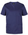 A unisex premium scrub top in navy blue with a pocket and a logo. It features short sleeves and a V-neck design.