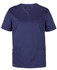 A navy blue unisex scrub top featuring a pocket and a logo, designed for medical or uniform use.