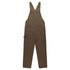 Canvas overalls in a dark brown colour with adjustable straps and multiple pockets. Features a brand logo.