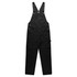 Black canvas overalls featuring adjustable straps, multiple pockets, and a logo on the side.