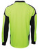 High-visibility long-sleeve polo shirt in lime green and black, featuring a logo. Designed for workwear use.