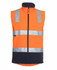 An orange softshell vest with reflective strips and a dark navy bottom, featuring a zip front and high collar.