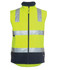 A high-visibility softshell vest in fluorescent yellow with navy detailing and reflective stripes, featuring a logo.