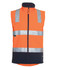 High-visibility orange softshell vest featuring reflective strips and a navy base, with a front zipper and branding.