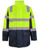 High-visibility jacket in vibrant yellow and navy, featuring reflective strips and a pocket. Includes a logo.