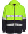 A bright yellow and navy full zip hoodie featuring reflective strips and a hood. It has a logo on the front.