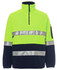 A high-visibility polar fleece jumper in bright yellow and navy, featuring reflective strips and a zippered neck.