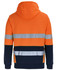 An orange and navy work hoodie featuring reflective stripes and a hood, with branding on the garment.