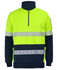 A high-visibility fleece jumper in neon yellow and navy, featuring reflective segmented tape stripes.