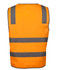 An orange safety vest featuring grey reflective stripes and a branding logo. Back view displayed.