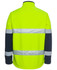 A high-visibility three-layer softshell jacket in bright yellow with navy sleeves and reflective strips.