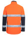 A bright orange jacket with reflective silver stripes, featuring black accents on the sleeves and shoulders.