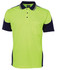 A neon yellow and navy work polo shirt featuring contrast piping and a chest pocket. It has a logo displayed.