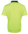A lime green polo shirt with a collar, featuring a branding logo. Back view displays a simple design.