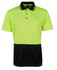 A bright yellow and black polo shirt with a pocket and a logo, designed for workwear settings.