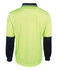 A long-sleeve polo shirt in high-visibility yellow with navy blue sleeves and collar, featuring a logo.