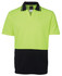 A short-sleeved polo shirt in high visibility yellow with a black lower section and a collar featuring contrasting stripes.