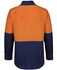 A long-sleeve ripstop fishing shirt featuring orange and navy colours, with a logo on the back.