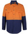 A long-sleeved fishing shirt in orange and navy blue, featuring two chest pockets and a logo.
