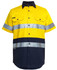 A high-visibility short-sleeve work shirt in yellow and navy blue, featuring reflective stripes and a logo.