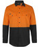 An orange and black long-sleeve work shirt with two chest pockets and a logo on the front.