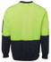 A fleece crew jumper in bright green and navy blue with a logo on the sleeve.