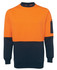 An orange and navy work jumper featuring a pocket and a logo on the sleeve.