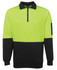 A fleece jumper in bright yellow-green with a black lower section and a zip collar, featuring a pocket on the sleeve.