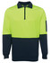 A high visibility fleece pullover in bright yellow and navy, featuring a half zip and a sleeve pocket with a logo.