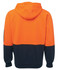 An orange and navy hoodie with a full zip and hood, featuring a logo on the sleeve.