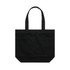 A black tote bag with two handles and a simple design. It features a logo on the surface.