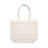 A cream tote bag with two sturdy handles and a front pocket. It features a logo on the surface.