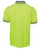 A bright yellow work polo shirt featuring contrasting grey accents and a logo.