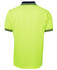 A bright yellow short-sleeve polo shirt featuring a contrasting collar and sleeve stripes, with a logo.