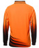 An orange long-sleeve polo shirt with black gradient detailing and a logo on the back.