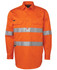 An orange long-sleeve work shirt featuring reflective silver stripes and two chest pockets, with a logo.