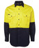 A long-sleeve work shirt in yellow and navy, featuring two front pockets and a logo on the chest.