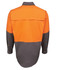 A long-sleeve work shirt in orange and grey, featuring a back yoke and a logo on the fabric.
