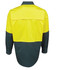 A long-sleeved shirt in fluorescent yellow and dark green, featuring a split colour design and a back yoke.