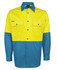 A long-sleeve work shirt in bright yellow and blue, featuring two front pockets and a logo on the chest.