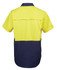 A short-sleeved work shirt in vivid yellow and navy, featuring a hidden pocket and brand logo.