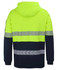 A high-visibility hoodie in bright yellow and navy, featuring segmented reflective tape and a hood. Includes a logo.
