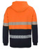 A segmented hoodie featuring orange and navy colours, with reflective tape across the back. Includes a hood.